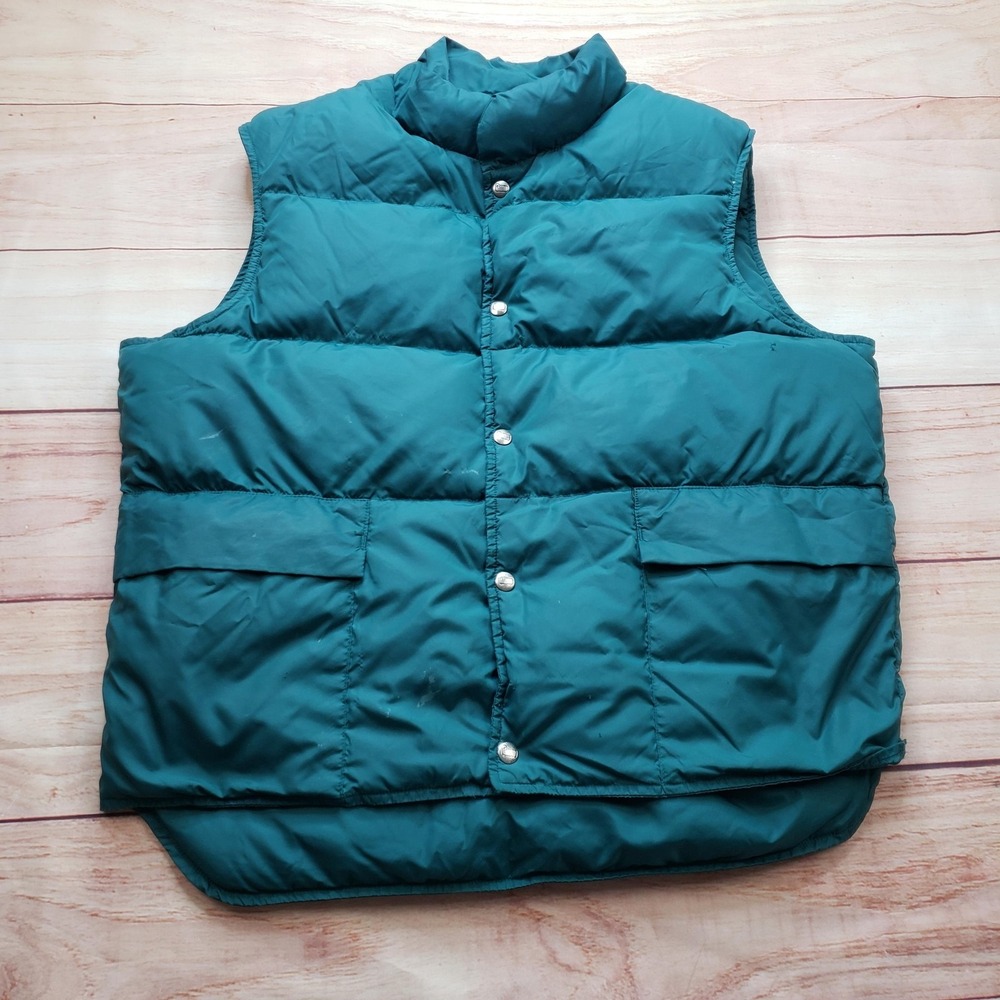 VINTAGE Woolrich Vest Mens Large Green Puffer‎ Down Insulated Quilted Nylon Snap